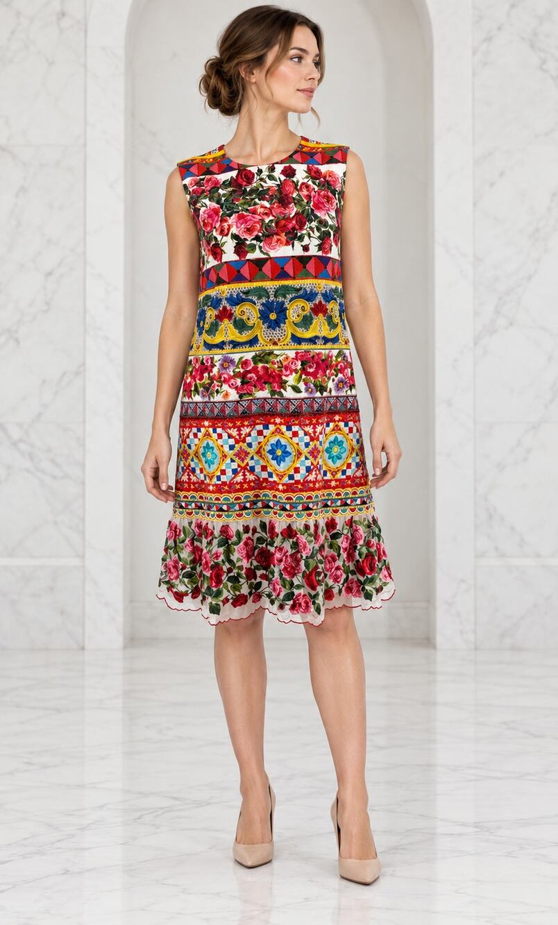 Dolce & Gabbana Carretto Rose Print Guipure Lace Shift Dress - Excellent IT 46